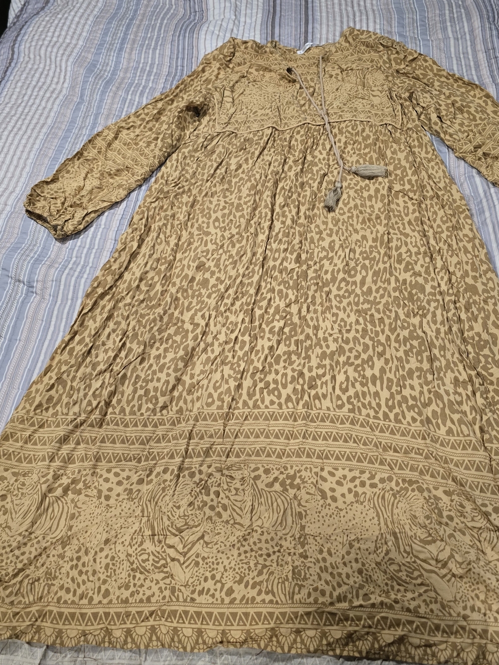 Camel Long-Sleeve Maxi Dress with Tassel Tie